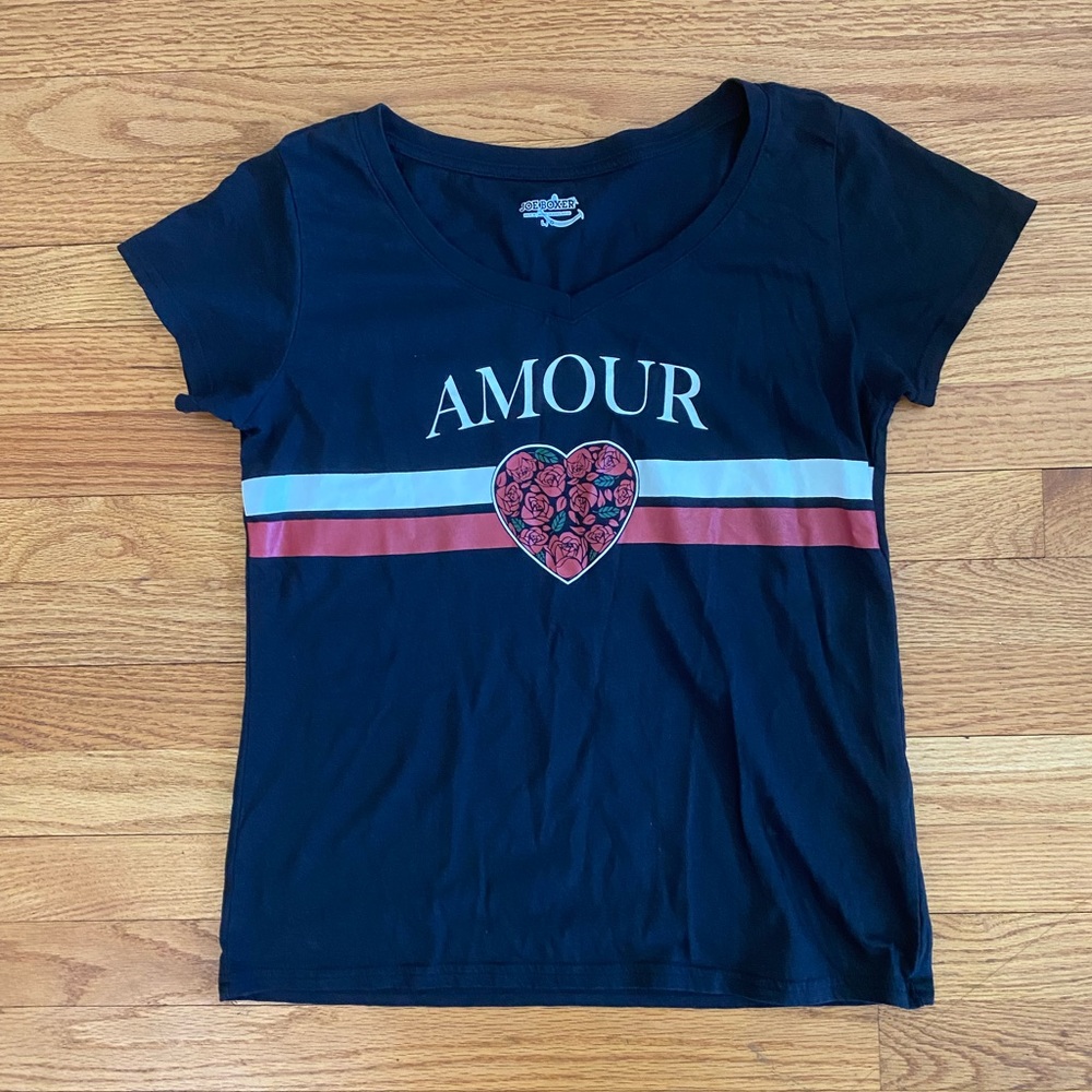 Joe Boxer Tshirt Women’s Large Black Amour Tee Flowers Stripes V neck